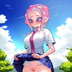 1girls 2won2 absurd_res agent_8_(splatoon) artist_name blush breasts cloud embarrassed hi_res looking_down necktie nintendo no_panties octoling outdoors pink_hair pleated_skirt purple_eyes pussy school_uniform short_hair sidelocks skirt skirt_lift sky solo splatoon splatoon_2 standing sweat tentacle_hair thigh_gap tie twowontwo uncensored