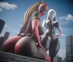 2girls 3d 3d_(artwork) big_ass big_breasts building buildings city female female_only giantess gwen_stacy hi_res high_resolution highres huge_ass huge_breasts lady_deadpool looking_at_viewer marvel marvel_comics spider-gwen spider-man_(series) wanda_wilson wotm8h8