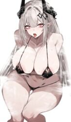 1girls areola_slip arknights bikini female hi_res horns huge_breasts micro_bikini mudrock_(arknights) navel oripathy_lesion_(arknights) pointy_ears red_eyes swimsuit tongue tongue_out vxdrq