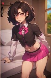 1boy abstract_background ai_generated big_ass black_hair blush brown_eyes bulge cute darabri femboy feminine_male freckles freckles_on_face gay girly hazel_eyes logo midriff navel otoko_no_ko patreon patreon_logo room school_uniform skirt solo trap yaoi