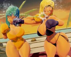 2girls 3d 3d_(artwork) android_18 beach big_breasts big_thighs bikini black_bikini blonde_hair blue_hair boxing boxing_gloves boxing_match boxing_ring breasts catfight cleavage cross_counter dragon_ball dragon_ball_z duo female female_focus female_only gloves huge_breasts josugomezofficialnew large_breasts light-skinned_female light_skin long_hair maron milf one-piece_swimsuit one_eye_closed outdoors punch punching ryona saliva short_hair sunset swimsuit thick thick_thighs thighs violet_boxing_gloves violet_gloves vs wide_hips yellow_boxing_gloves yellow_gloves yellow_one-piece_swimsuit yellow_swimsuit