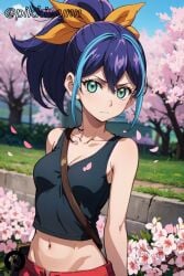 ai_generated bangs bare_arms blue_hair bow breasts cherry_blossoms cleavage closed_mouth collarbone crop_top day female flower frown green_eyes hair_between_eyes hairbow looking_at_viewer medium_breasts midriff multicolored_hair navel outdoors petals pikkiwynn ponytail serena_(yu-gi-oh!_arc-v) shirt sleeveless solo strap_between_breasts tank_top tree two-tone_hair upper_body yu-gi-oh! yu-gi-oh!_arc-v