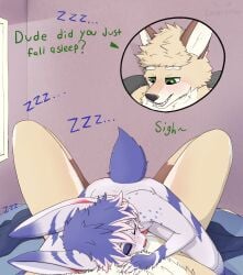 absurd_res after_sex anthro blush canid canine canis dialogue duo femboy first_person_view fur green_eyes hi_res lagomorph laserkitten lazer_(laserkitten) leporid male male/male mammal neck_tuft rabbit size_difference sleeping sleeping_on_partner tan_body tan_fur tuft white_body white_fur whittaker_forrester wolf