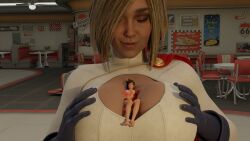 2girls 3d between_breasts big_breasts blonde_hair breasts cleavage dc dc_comics female giantess huge_breasts kara_zor-l karen_starr macro micro overwatch overwatch_2 power_girl size_difference spungyjacket