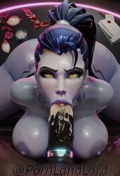 1girls absurdly_large_cock ai_generated amelie_lacroix ass big_ass big_breasts breasts dark-skinned_male dripping female overwatch overwatch_2 pornlandlord throat_goat wet wet_body widowmaker