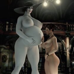 2girls 3d alcina_dimitrescu belly big_belly big_breasts breasts breedingduties capcom excella_gionne female hat height_difference huge_breasts mature_female milf mother necklace nipples nude pregnancy_envy pregnant pregnant_older_female pussy resident_evil resident_evil_8:_village size_difference