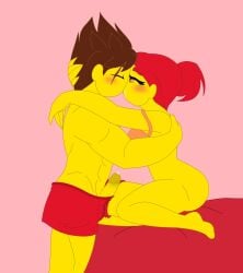 bed bra duchess_pixal kai_(ninjago) kissing lego looking_at_another ninjago precum red_hair scar skylor_(ninjago) tournament_of_elements_(ninjago) yellow_skin