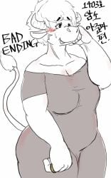 1girls anthro big_breasts blush bovid bovine breasts claws clothed clothing comic female fluffy fluffy_tail hair hakiahki horns korean_text mature_female milf monochrome open_mouth open_smile ring simple_background smile solo sweat tail text thick_thighs translation_request