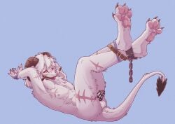 abs anthro athletic ball_gag balls belt bodily_fluids bondage boss_monster_(undertale) bovid caprine caprine_demon chained_cuffs chastity_cage chastity_cage_only chastity_device chastity_device_only crossed_legs cuff_(restraint) demon despairscholar dragon drooling gag gagged genital_fluids genitals goat goat_demon hair hands_behind_head hi_res humanoid_genitalia humanoid_penis hybrid leaking_precum legs_up lying male mammal mythological_creature mythological_scalie mythology nude on_back pawpads penis precum red_eyes regal_(drawasriel) restraints saliva scalie scar shackles side_view simple_background solo tuft undertale undertale_(series) white_body white_hair