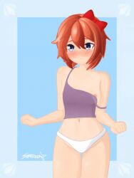 5_fingers animated belly_button blue_eyes blush blush_lines blushing_at_viewer bow chest doki_doki_literature_club english_text hairbow just_sayori looking_at_viewer nip_slip nipple_slip panties red_bow red_hair_bow red_hairbow sayori_(doki_doki_literature_club) strawberry_blonde_hair stredia tank_top text white_panties