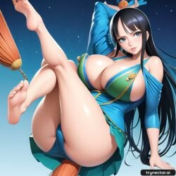 ai_generated black_hair blue_dress exe56 feet feet_up female female_only foot_fetish huge_breasts nico_robin one_piece pre-timeskip thick_thighs