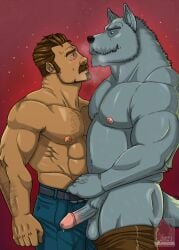 2021 abs anthro arm_hair ass balls beard belt biceps blush bodily_fluids body_hair bottomwear bottomwear_down breath canid canine canis chest_hair clothed clothing deltoids dripping duo erection eye_contact facial_hair forearm_hair forearms genital_fluids genitals goatee grin hand_on_belt hi_res hug human intimate looking_at_another male male/male mammal manly musclegut muscular navel nipples nude obliques pants pants_down partially_clothed pecs penis precum precum_drip pubes red_background sideburns simple_background slightly_chubby smile standing topless triceps wolf wolfmaster