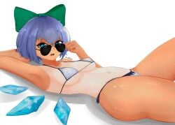 1girls 2d adjusting_eyewear adjusting_glasses adjusting_sunglasses armpit artist_name artist_signature aviator_sunglasses belly belly_button bikini bikini_only blue_eyes blue_hair breasts cirno fairy female hair_ribbon ice_wings looking_at_viewer looking_over_eyewear looking_over_glasses looking_over_sunglasses lying lying_on_back medium_breasts mik0h1me nipple_bulge open_mouth short_hair sideass solo source sunglasses swimsuit_only tan_body tan_lines tanned thick_thighs thighs tinted_eyewear touhou white_background wings