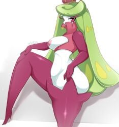 1girls 2023 anthro areolae breasts female female_only generation_7_pokemon green_hair heels looking_at_viewer nintendo nipples pink_eyes pokémon_(species) pokemon solo thick_thighs thighs tsareena very_high_resolution vtalna white_background