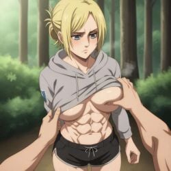 1boy 1girls abs ai_generated annie_leonhardt athletic_female attack_on_titan blonde_hair breast_grab breasts faceless_male female_abs fit_female floating_hands muscular_female no_bra sculpted_abs short_hair toned_female