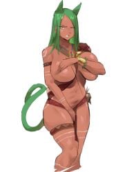 1girls artist_request barely_clothed body_markings cat_ears cat_tail catgirl covering_breasts covering_nipples covering_pussy genderswap_(mtf) green_hair holding_breast large_breasts noveya_(lolicaptain69) rule_63 tan_body yellow_eyes