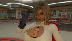 2girls 3d between_breasts big_breasts blonde_hair cleavage dc dc_comics female giantess huge_breasts kara_zor-l karen_starr macro micro overwatch overwatch_2 power_girl size_difference spungyjacket