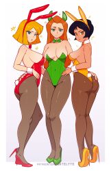 2024 3girls absurd_res alex_(totally_spies) ass big_breasts black_hair blonde_hair blue_eyes brown_eyes bunny_ears bunny_ears_(cosmetic) bunny_tail bunnysuit cleavage clover_(totally_spies) dark-skinned_female dark_skin detached_collar fake_animal_ears fake_rabbit_ears female female_only fully_clothed green_eyes high_heels huge_breasts large_breasts light-skinned_female light_skin long_hair looking_at_viewer medium_hair multiple_girls neck_ribbon orange_hair pantyhose playboy_bunny revealing_clothes sam_(totally_spies) satelyte skimpy_clothes strapless_leotard totally_spies white_background