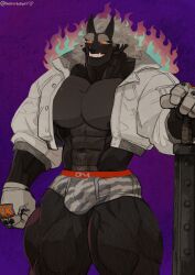 balls bara big_balls big_muscles big_penis black_body bulge clothing club_(weapon) demon flaccid horns male male_only marototori muscles muscular oni penis solo solo_male underwear