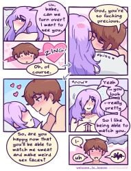 1boy 1boy1girl 1girls bed blushing brown_hair choker cute dominant_male face_to_face female fingers_together flustered futanari heart kissing leo_(welcome_to_heaven) lila_(welcome_to_heaven) looking_back male/female pillow purple_hair romantic_couple speechless straight submissive_female sweat sweating welcome_to_heaven