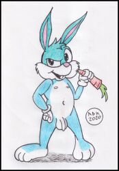 anatomically_correct anthro balls buster_bunny carrot chewing food genitals lagomorph leporid male mammal nude penis plant rabbit reddragonkan simple_background solo teenager tiny_toon_adventures traditional_media_(artwork) vegetable warner_brothers young