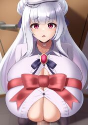 1boy 1girls azur_lane beret blush breasts censored cygnet_(azur_lane) cygnet_(retrofit)_(azur_lane) dark-skinned_male dark_skin double_bun emp_(denjipgre) eyebrows_visible_through_hair hat huge_breasts indoors light_skin looking_at_viewer male_pov mosaic_censoring paizuri pink_eyes pov retrofit_(azur_lane) royal_navy_(azur_lane) white_hair