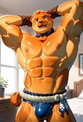 abs ai_generated anthro anthro_male biceps blush canid canine canis domestic_dog doughberman_(fortnite) fingerless_gloves fortnite furry gay green_eyes hand_on_head jockstrap jockstrap_only looking_at_viewer male male_only muscular muscular_male nipples nude_male open_mouth orange_skin pecs smile toned_body toned_male twall97