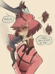 alastor_(hazbin_hotel) balls blowjob clothed fellatio gay hair_grab hazbin_hotel hell_fm male_only penis vox_(hazbin_hotel) yaoi