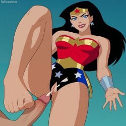 1boy 1girls 2d ai_generated black_hair cartoon cum cumming dc dc_comics dcau diana_prince ejaculation female female_focus femdom foot_fetish footjob heroine humiliation justice_league_unlimited male nsfwworks.ia penis pussy smile standing stepped_on superheroine vagina wonder_woman wonder_woman_(justice_league) wonder_woman_(series)