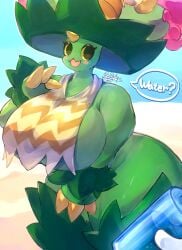 2022 adriana_(rubyqm) anthro anthrofied ass beach big_breasts big_butt blush bottle breasts cactus clawed_fingers clothed clothing container curvy_figure dialogue elemental_creature elemental_humanoid english_text eyelashes female first_person_view flora_fauna flower generation_3_pokemon generation_5_pokemon green_body hand_on_breast hand_on_leg hi_res horn huge_breasts huge_butt humanoid hybrid looking_at_viewer ludicolo maractus mostly_nude nintendo nude open_mouth outside partially_clothed plant pokemon pokemon_(species) pokemorph portrait seaside smile solo speech_bubble talking_to_viewer tetto text thick_thighs three-quarter_portrait under_boob voluptuous water_bottle wide_hips yellow_sclera