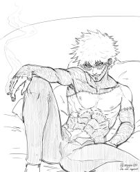 1boy cigarette dabi happy_trail line_art male male_focus male_only my_hero_academia open_pants oxigen537 posing posing_for_the_viewer scars shirtless shirtless_male smoking solo solo_focus solo_male todoroki_touya touya_todoroki