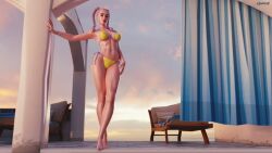 1girls 3d athletic_female barefoot bikini braided_hair female_only fleuire3d fortnite highres looking_at_viewer makeup nipple_bulge pink_hair sabina_(fortnite) smile solo twintails underboob wallpaper