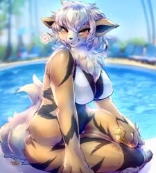 1girls 2019 anthro anthrofied arcanine bikini blush breasts canid canine clothing detailed_background female female_only generation_1_pokemon hi_res kasumi_(garasaki) looking_at_viewer mammal nintendo pokemon pokemon_(species) smiling smiling_at_viewer solo sunscreen swimwear tetto