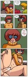 1boy 1girls all_fours blush breasts clothing comic cum cum_in_pussy ejaculation erection female glasses human male male/female oni_senpai open_mouth penis penis_in_pussy scooby-doo sex shaggy_rogers spooning straight straight_sex text text_bubble velma_dinkley