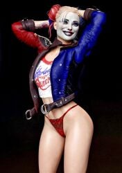 1female 1girls 3d 3d_(artwork) 3dcg 3dx agent_4_tea_se7en arkhamverse bare_legs bare_thighs barefoot batman_(series) blonde_female blonde_hair blonde_hair_female dc dc_comics face_paint fair-skinned_female fair_skin female female_only girl_only harley_quinn harley_quinn_(arkham) harley_quinn_(suicide_squad_game) high-waist_panties high-waisted_thong lace lace-trimmed_panties lace-trimmed_thong lace_panties lace_thong lace_trim lace_underwear leather leather_jacket light-skinned_female light_skin no_pants one_glove pale-skinned_female pale_skin panties pinup pinup_girls pinup_pose red_panties red_thong red_underwear skimpy_panties skimpy_thong smile smiling smiling_at_viewer smiling_at_you solo solo_female standing suicide_squad suicide_squad:_kill_the_justice_league thong thong_panties thong_underwear tied_hair tight_panties tight_pussy tight_thong twin_buns underwear undies