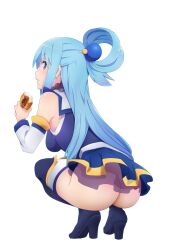 1girls aqua_(konosuba) ass big_butt blue_eyes blue_hair breasts eating eye_contact female female_focus female_only high_heel_boots highres kono_subarashii_sekai_ni_shukufuku_wo! long_hair looking_at_viewer looking_back solo solo_female squatting toraya_(doujintraya)