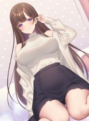 ara_ara big_breasts hazel_hair long_hair nipple_pinch purple_eyes sakura_shiho sitting_on_bed smile smiling_at_viewer tight_skirt young_woman younger_female younger_sister