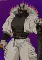 balls bara big_balls big_muscles big_penis black_body bulge clothing club_(weapon) demon flaccid horns male male_only marototori muscles muscular oni penis solo solo_male