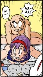 1boy 1boy1girl 1girls 2022 bald bald_man bed black_eyes bottomless breasts breasts_out bulma_briefs bulma_briefs_(frieza_saga) clenched_teeth coloured comic comic_panel completely_nude_male crop_top crop_top_lift doggy_style doggy_style_position doujinshi dragon_ball dragon_ball_z english_text fan_colored female hairband krillin kuririn lilac_eyes lilac_hair male moaning muscular muscular_male naked naked_male naked_male_with_half_naked_female nipples nude nude_male ogata_satomi older_female older_woman_and_younger_boy open_eyes panting partially_clothed purple_eyes purple_hair sex sex_from_behind shounen_jump size_difference top-down_bottom-up vaginal_penetration yellow_background younger_male