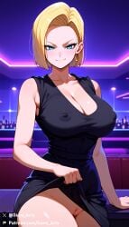 ai_generated android_18 black_dress blonde_hair cleavage covered_nipples cyan_eyes dragon_ball dragon_ball_super dragon_ball_z dress earings gumi_arts large_breasts mommy nightclub pussy short_hair skirt_lift smirk stable_diffusion thick_thighs