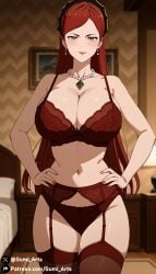 ai_generated bra cleavage garter_straps green_eyes gumi_arts hands_on_hips hilda_boreas_greyrat huge_breasts indoors lace_trim lingerie looking_at_viewer mushoku_tensei panties red_hair smile stable_diffusion stockings thick_thighs