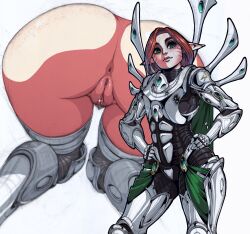 absurdres anus armor ass ass_focus closed_mouth dawn_of_war eldar elf_ears farseer farseer_macha female female_pubic_hair green_eyes hands_on_own_hips highres imminent_facesitting lewdanon lips looking_at_viewer medium_hair multiple_views nude orange_hair pointy_ears pubic_hair pussy pussy_juice science_fiction simple_background warhammer_(franchise) warhammer_40k white_background