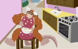 2024 american_opossum anthro apron brown_body bulge chair clothing detailed_background detailed_bulge eyewear furniture genital_outline geuremon glasses kitchen male mammal marsupial muscular muscular_male penis_outline sitting solo