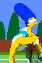 1girls anus ass blue_hair clothed d-rock drockdraw exhibitionism female female_only lipstick marge_simpson no_panties public_exposure public_indecency pussy solo tennis_court tennis_uniform the_simpsons upskirt