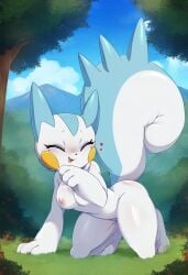 ai_generated anthro breasts closed_eyes female female_only furry grass heart hearts kurogitsu_08 laugh laughing medium_breasts nipples pachirisu pokémon_(species) pokemon rodent smile squirrel squirrel_girl tagme tail thick_thighs