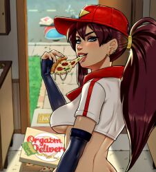 blue_eyes delivery_employee delivery_girl eating_pizza fast_food latina looking_back pizza pizza_box pizza_delivery pony