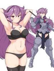 armor_knight_(disgaea) armored_female bra breasts cleavage disgaea disgaea_d2 female_knight large_breasts nipple_bulge nippon_ichi_software panties sanryuu_(rjjk5222) thighhighs