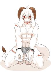 abs anthro athletic bondage boss_monster_(undertale) bound bovid caprine caprine_demon chastity_cage chastity_device chest_tuft cuff_(restraint) demon dragon front_view goat goat_demon handcuffs hands_together hi_res hybrid kneeling male mammal marsrey7731 metal_cuffs mythological_creature mythological_scalie mythology open_mouth pupils red_eyes regal_(drawasriel) restraints scalie scar simple_background solo submissive submissive_male tuft undertale undertale_(series) unusual_pupils white_background white_body