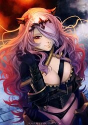 1girls bare_thighs black_capelet black_gloves black_panties breasts camilla_(fire_emblem) capelet cleavage female female female_only fire_emblem fire_emblem_fates from_above gloves gradient_hair hair_over_one_eye horns inner_thighs long_hair looking_at_viewer medium_breasts multicolored_hair nintendo one_eye_covered panties pink_eyes pink_lips purple_hair red_hair smile smoke solo thighs ukabare underwear very_long_hair web_address