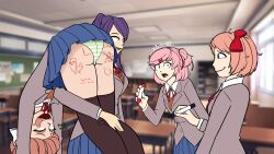 4girls 5_fingers ass being_held blue_eyes blue_skirt body_writing bow ddlc_background dickbutt doki_doki_literature_club female female_only green_eyes hairbow holding_marker marker markers matching_hair/eyes monika_(doki_doki_literature_club) multiple_girls natsuki_(doki_doki_literature_club) over_shoulder panties pantyshot pink_eyes pink_hair purple_eyes purple_hair red_bow red_hair_bow sayori_(doki_doki_literature_club) shimapan sillystarko skirt smile smiling strawberry_blonde_hair striped_panties thighhighs tic-tac-toe tongue tongue_out twintails writing writing_on_ass writing_on_body writing_on_butt writing_on_skin writing_on_thigh yuri_(doki_doki_literature_club)